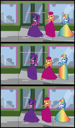 Size: 1920x3240 | Tagged: safe, artist:cartoonmasterv3, imported from derpibooru, rainbow dash, sci-twi, sunset shimmer, twilight sparkle, human, undead, zombie, equestria girls, british, clothes, comic, controller, dress, infected, long dress, long skirt, skirt, trio