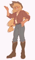 Size: 1215x2099 | Tagged: safe, artist:omgktoeto, imported from derpibooru, applejack, human, boots, clothes, denim, female, flannel, grin, hat, humanized, jeans, pants, shoes, simple background, smiling, solo, white background