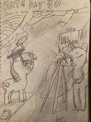 Size: 3024x4032 | Tagged: safe, artist:goldenmidnight, imported from derpibooru, princess celestia, twilight sparkle, book, camera, camera flashes, female, filly, filly twilight sparkle, monochrome, newbie artist training grounds, open door, spotlight, traditional art, younger