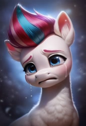 Size: 832x1216 | Tagged: prompter needed, safe, imported from derpibooru, zipp storm, pegasus, pony, ai content, ai generated, crying, cute, daaaaaaaaaaaw, depressed, depressing, fluffy, g5, generator:pony diffusion v6 xl, generator:stable diffusion, heartbreak, sad, sadorable, solo