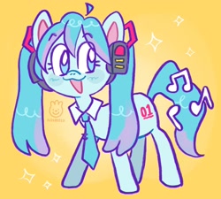 Size: 2048x1840 | Tagged: safe, artist:alexbeeza, imported from derpibooru, kotobukiya, earth pony, pony, :3, female, gradient background, hatsune miku, kotobukiya hatsune miku pony, music notes, open mouth, open smile, ponified, smiling, solo, vocaloid