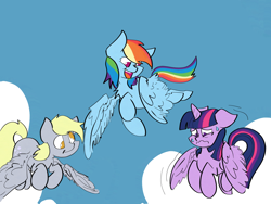 Size: 4800x3600 | Tagged: safe, artist:ponny, imported from derpibooru, derpy hooves, rainbow dash, twilight sparkle, alicorn, pegasus, pony, cloud, colored, female, flapping wings, flying, mare, shivering, sky, sweat, twilight sparkle (alicorn), wings