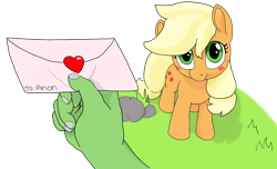 Size: 1218x739 | Tagged: safe, artist:appulman, applejack, oc, oc:anon, earth pony, human, pony, blushing, female, letter, looking at you, love letter, mare, simple background, transparent background