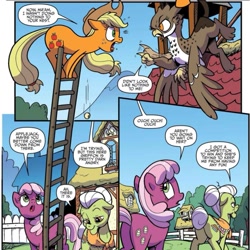 Size: 1049x1047 | Tagged: safe, artist:pencils, idw, imported from derpibooru, applejack, cheerilee, granny smith, earth pony, griffon, pony, spoiler:comic, spoiler:comic70, abuse, attack, grievance, jackabuse, ladder, official comic, pain, school