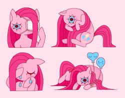 Size: 1804x1416 | Tagged: safe, alternate version, artist:kuromimittenz, imported from derpibooru, pinkie pie, earth pony, pony, balloon, crying, eyepatch, female, lying down, mare, pinkamena diane pie, prone, simple background, sitting, solo