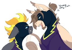 Size: 2388x1668 | Tagged: safe, artist:dorkmark, imported from derpibooru, oc, oc only, oc:blaze (shadowbolt), oc:dima, pegasus, pony, beard, ear fluff, facial hair, fangs, open mouth, rule 63, shadowbolts, sharp teeth, simple background, sketch, smiling, teeth, white background, wing hands, wings