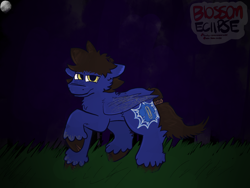 Size: 2160x1620 | Tagged: safe, artist:blossomeclipse, imported from derpibooru, oc, oc only, oc:dante, oc:dante (blossom eclipse), pegasus, pony, blue fur, forest, grass, moon, nature, outdoors, pegasus oc, solo, tree, unshorn fetlocks, watermark, wings