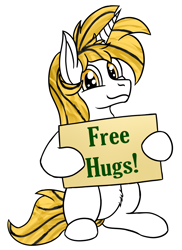 Size: 1840x2529 | Tagged: safe, imported from derpibooru, oc, oc only, oc:srok, pony, unicorn, free hugs, horn, sign, simple background, sitting, solo