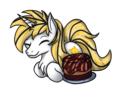 Size: 1995x1517 | Tagged: safe, imported from derpibooru, oc, oc only, oc:srok, pony, unicorn, cake, food, horn, lying down, ponyloaf, prone, simple background, solo