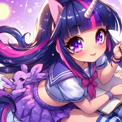 Size: 1024x1024 | Tagged: safe, imported from derpibooru, twilight sparkle, human, pegasus, pony, unicorn, ai content, ai generated, anime, bald, bangs, blushing, book, bow, bracelet, clothes, female, generator:bing image creator, generator:dall-e 3, happy, horn, humanized, jewelry, long socks, looking at you, morning, outdoors, pony ears, school uniform, short shirt, short sleeves, sitting, skirt, smiling, socks, stars, sun, wings