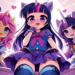 Size: 1024x1024 | Tagged: safe, imported from derpibooru, twilight sparkle, oc, unnamed oc, human, ai content, ai generated, anime, bangs, blushing, bow, buttons, clothes, female, fingerless gloves, generator:bing image creator, generator:dall-e 3, gloves, heart, horn, humanized, long socks, looking at you, open mouth, outdoors, pony ears, raised arm, school uniform, shirt, short sleeves, skirt, sky, smiling, socks, sun, trio