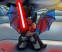 Size: 4123x3480 | Tagged: safe, imported from derpibooru, oc, oc only, bat pony, pony, armor, lightsaber, mountain, sky, solo, star wars, stars, sunset, weapon