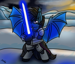 Size: 4123x3480 | Tagged: safe, imported from derpibooru, oc, oc only, bat pony, pony, armor, lightsaber, mountain, sky, solo, star wars, stars, sunset, weapon