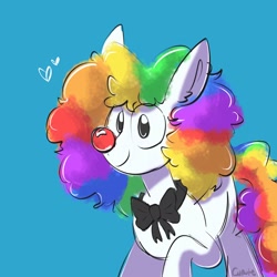 Size: 2048x2048 | Tagged: safe, artist:cupute, imported from derpibooru, oc, oc only, earth pony, pony, 2024, artfight, artfight 2024, black eye, blank flank, blue background, bowtie, clown, clown nose, clown wig, curly hair, curly mane, curly tail, ear fluff, halfbody, heart, long ears, looking at you, multicolored hair, ponified, rainbow hair, red nose, shading, shiny, shiny mane, silly, silly pony, simple background, tail, white coat