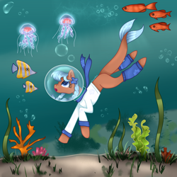 Size: 3000x3000 | Tagged: safe, artist:aasuri-art, imported from derpibooru, oc, oc only, oc:coral blue, earth pony, fish, jellyfish, pony, algae, bangs, braid, bubble, clothes, coral, crepuscular rays, detailed, detailed background, female, fish tail, flower, flowing mane, flowing tail, glowing, glowing eyes, glowing mane, high res, leg warmers, looking up, mare, ocean, open mouth, sand, scarf, seaweed, solo, sunlight, swimming, tail, underwater, water