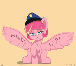 Size: 2300x2000 | Tagged: safe, artist:psychotix, imported from derpibooru, oc, oc only, oc:sweet serving, pegasus, pony, eyeshadow, lidded eyes, looking at you, makeup, pegasus oc, police, police hat, police officer, police pony, raised hoof, simple background, smiling, smirk, spread wings, wings, writing