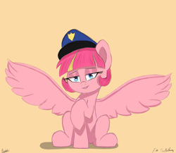 Size: 2300x2000 | Tagged: safe, alternate version, artist:psychotix, imported from derpibooru, oc, oc only, oc:sweet serving, pegasus, pony, eyeshadow, lidded eyes, looking at you, makeup, pegasus oc, police, police hat, police officer, police pony, raised hoof, simple background, smiling, smirk, spread wings, wings