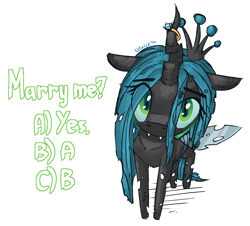 Size: 1548x1400 | Tagged: safe, artist:uteuk, imported from derpibooru, queen chrysalis, changeling, changeling queen, blushing, female, jewelry, looking at you, ring, simple background, solo, wedding ring, white background