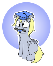 Size: 872x1078 | Tagged: safe, artist:doodledonutart, imported from derpibooru, derpy hooves, pony, atg 2024, graduation cap, hat, mouth hold, newbie artist training grounds, solo