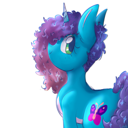 Size: 2048x2048 | Tagged: safe, artist:cupute, imported from derpibooru, unicorn, blue coat, blue fur, chromatic aberration, colored sketch, curly hair, curly mane, curly tail, cute, cutie, doodle, ear fluff, g5, gradient mane, green eyes, halfbody, horn, long ears, looking at you, looking to the left, misty brightdawn, mistybetes, multicolored hair, multicolored mane, multicolored tail, ombre hair, png, rebirth misty, shading, shiny mane, simple background, sketch, smiling, smiling at you, tail, transparent background, turned away