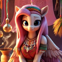 Size: 768x768 | Tagged: safe, imported from derpibooru, fluttershy, anthro, pegasus, ai content, ai generated, generator:stable diffusion, headband, hippie, hippieshy, incense, prompter:chillyhooves, solo