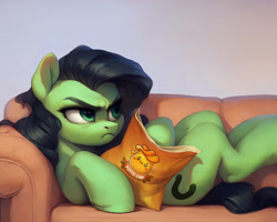 Size: 3200x2560 | Tagged: safe, imported from derpibooru, oc, oc only, oc:filly anon, ai content, ai generated, chips, couch, female, filly, filly anon is not amused, food, frown, generator:pony diffusion v6 xl, generator:stable diffusion, grumpy, looking offscreen, lying down, on back, potato chips, prompt in description, prompter:derp621, unamused