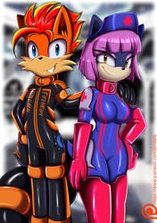 Size: 2013x2860 | Tagged: safe, artist:pridark, imported from derpibooru, oc, oc only, oc:fireheart(fire), oc:nurse lavender blossom, anthro, alternate universe, clothes, crossover, fireheart76's latex suit design, gloves, latex, latex boots, latex gloves, latex suit, mobian, prisoners of the moon, rubber, rubber gloves, rubber suit, sonic the hedgehog (series), sonicified, species swap