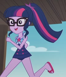 Size: 930x1079 | Tagged: safe, imported from derpibooru, screencap, sci-twi, twilight sparkle, equestria girls, equestria girls series, x marks the spot, blue hair, clothes, cloud, dock, glasses, my little pony equestria girls: better together, one-piece swimsuit, open mouth, open smile, pink and purple streaks, ponytail, purple eyes, purple skin, running, sandals, sci-twi swimsuit, sky, sleeveless, smiling, solo, swimsuit, tail