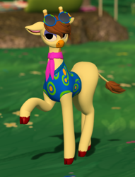 Size: 692x907 | Tagged: safe, artist:mosssong, imported from derpibooru, giraffe, 3d, animal crossing, cloven hooves, coy, crossover, eyeshadow, gracie, long legs, long neck, makeup, neckerchief, open pony, raised hoof, second life, sleeveless, solo, sunglasses