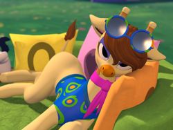 Size: 1600x1200 | Tagged: safe, artist:mosssong, imported from derpibooru, giraffe, animal crossing, blushing, crossover, gracie, long legs, long neck, looking at you, lounging, lying down, neckerchief, open pony, second life, sleeveless, solo, sunglasses