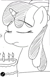 Size: 1080x1676 | Tagged: safe, artist:datte-before-dawn, oc, oc only, oc:righty tighty, pony, unicorn, birthday, birthday cake, cake, eyes closed, female, food, hat, horn, mare, monochrome, party hat, solo