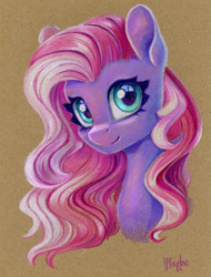 Size: 913x1200 | Tagged: safe, artist:maytee, imported from derpibooru, starsong, pegasus, pony, bust, g3, portrait, smiling, solo, toned paper, traditional art