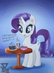 Size: 1700x2300 | Tagged: safe, artist:theretroart88, imported from derpibooru, rarity, pony, unicorn, sisterhooves social, 2d, bowl, breakfast, burnt, cutie mark, dialogue, eyeshadow, female, glass, grainy, horn, implied sweetie belle, makeup, open mouth, plate, solo, table