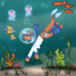 Size: 3000x3000 | Tagged: safe, artist:aasuri-art, imported from derpibooru, oc, oc only, oc:coral blue, earth pony, fish, jellyfish, pony, algae, bangs, braid, bubble, clothes, coral, crepuscular rays, detailed, detailed background, female, fish tail, flower, flowing mane, flowing tail, glowing, glowing eyes, glowing mane, high res, leg warmers, looking up, mare, ocean, open mouth, sand, scarf, seaweed, solo, sunlight, swimming, tail, underwater, water