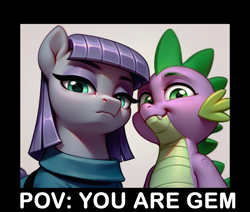 Size: 1222x1035 | Tagged: safe, imported from derpibooru, maud pie, spike, ai content, ai generated, anonymous prompter, duo, generator:pony diffusion v6 xl, generator:stable diffusion, looking at you, offscreen character, pov