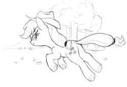 Size: 1050x723 | Tagged: safe, artist:axlearts, applejack, earth pony, pony, cowboy hat, female, hat, looking at you, looking back, looking back at you, mare, monochrome, orchard, running, solo, stetson, tree, underhoof