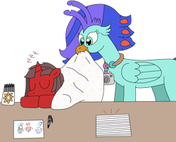 Size: 2630x2127 | Tagged: safe, artist:supahdonarudo, imported from derpibooru, oc, oc only, oc:ironyoshi, oc:sea lilly, classical hippogriff, hippogriff, unicorn, atg 2024, blanket, camera, horn, jewelry, mouth hold, necklace, newbie artist training grounds, onomatopoeia, paper, pen, simple background, sleeping, sound effects, table, transparent background, zzz