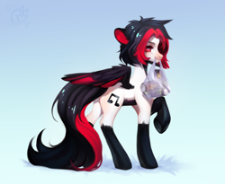 Size: 2200x1800 | Tagged: source needed, safe, artist:ryusya, imported from derpibooru, oc, oc only, pegasus, pony, bag, coat markings, colored ears, colored pinnae, colored wings, colored wingtips, dark belly, drink, energy drink, gradient background, light blue background, looking at you, monster energy, mouth hold, oc name needed, plastic bag, raised hoof, red eyes, simple background, smug, socks (coat markings), soda can, solo, wings