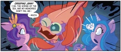 Size: 1334x574 | Tagged: safe, artist:amymebberson, idw, imported from derpibooru, izzy moonbow, pipp petals, seapony (g4), squid, spoiler:comic, spoiler:g5comic, creeping jenny, dialogue, emanata, female, g5, gasp, my little pony: set your sail, onomatopoeia, seaponified, seapony izzy moonbow, seapony pipp petals, set your sail #3, species swap, speech bubble, trio