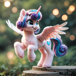 Size: 2048x2048 | Tagged: safe, imported from derpibooru, princess flurry heart, alicorn, ai content, ai generated, bokeh, foal, generator:midkemia v10, prompter:scarlet ribbon, solo, spread wings, wings