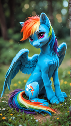 Size: 1440x2560 | Tagged: safe, imported from derpibooru, rainbow dash, pegasus, ai content, ai generated, bokeh, generator:midkemia v10, prompter:scarlet ribbon, spread wings, wings