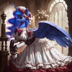 Size: 1216x1216 | Tagged: safe, imported from derpibooru, princess luna, alicorn, ai content, ai generated, clothes, dress, female, generator:pony diffusion v6 xl, generator:stable diffusion, horn, prompter:star-dragon, solo, victorian, wings