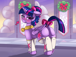 Size: 1500x1135 | Tagged: safe, artist:pabbley, edit, editor:enterusxrname, ponerpics exclusive, twilight sparkle, alicorn, pony, alternate hairstyle, bell, bell collar, blushing, bow, butt, christmas, clothes, collar, dock, female, holiday, leg warmers, leggings, mare, ponytail, safe edit, solo, solo female, tail bow, twibutt, twilight sparkle (alicorn)