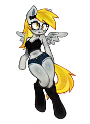 Size: 1482x2048 | Tagged: safe, artist:gatoasti, imported from derpibooru, derpy hooves, anthro, pegasus, pony, unguligrade anthro, :p, arm hooves, belly, belly button, bow, clothes, denim, denim shorts, female, glasses, mare, midriff, rectangular pupil, shirt, shorts, signature, simple background, socks, solo, spread wings, tanktop, tongue out, white background, wings