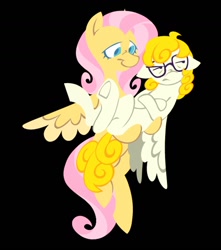 Size: 1054x1190 | Tagged: safe, artist:partyponypower, imported from derpibooru, fluttershy, surprise, pegasus, pony, alternate accessories, alternate design, alternate universe, black background, blue eyelashes, colored, colored eyelashes, colored wings, colored wingtips, cream wingtips, crossed hooves, curly mane, curly tail, duo, eyelashes, female, flat colors, flying, frown, g1, glasses, gold mane, gold tail, height difference, holding a pony, lidded eyes, lineless, looking at someone, looking away, mare, narrowed eyes, no catchlights, pink mane, pink tail, pouting, raised leg, simple background, small eyes, smiling, smiling at someone, tail, teal eyelashes, teal eyes, two toned mane, two toned tail, two toned wings, white coat, wings, wings down, yellow coat, yellow mane, yellow tail