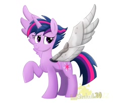 Size: 738x600 | Tagged: safe, artist:lordshrekzilla20, imported from twibooru, twilight sparkle, alicorn, pony, alternate hairstyle, amputee, artificial wings, augmented, image, needs more jpeg, prosthetic limb, prosthetic wing, prosthetics, punklight sparkle, raised hoof, scar, simple background, solo, twilight sparkle (alicorn), white background, wings