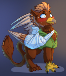 Size: 1780x2048 | Tagged: safe, artist:witchtaunter, imported from derpibooru, oc, oc:pavlos, griffon, bandage, beak, broken bone, broken wing, cast, cheek fluff, claws, clothes, colored wings, commission, eared griffon, flushed, gradient background, griffon oc, injured, non-pony oc, nonbinary, simple background, sling, tail, wings