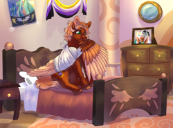 Size: 3017x2237 | Tagged: safe, artist:malinraf1615, imported from derpibooru, oc, oc:golden flare, pegasus, pony, bandage, bedroom, broken bone, broken wing, cast, colored hooves, colored wings, commission, freckles, grooming, hooves, injured, male, nonbinary, pegasus oc, photo, ponified, preening, short tail, sling, species swap, stallion, tail, unshorn fetlocks, wings