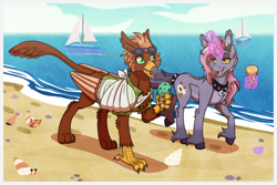 Size: 1772x1181 | Tagged: safe, artist:inuhoshi-to-darkpen, imported from derpibooru, oc, oc:lulu bluemoon, oc:pavlos, griffon, unicorn, bandage, beach, beak, broken bone, broken wing, cast, cheek fluff, claws, clothes, colored wings, commission, eared griffon, female, food, friends, griffon oc, horn, ice cream, injured, magic, non-pony oc, nonbinary, sling, sunglasses, tail, unicorn oc, wings