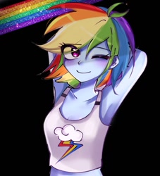 Size: 930x1024 | Tagged: safe, artist:pulse, imported from derpibooru, rainbow dash, human, equestria girls, arm behind head, armpits, black background, clothes, cute, cutie mark, cutie mark on clothes, dashabetes, eye clipping through hair, female, midriff, one eye closed, rainbow, simple background, smiling, solo, tanktop, wink